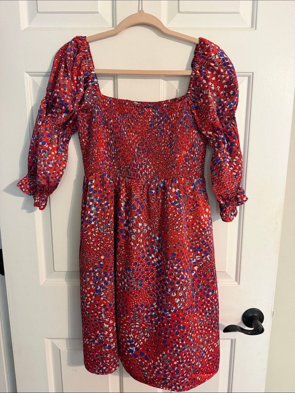 Joy Joy Red Smocked Puff-Sleeve Dress size XS